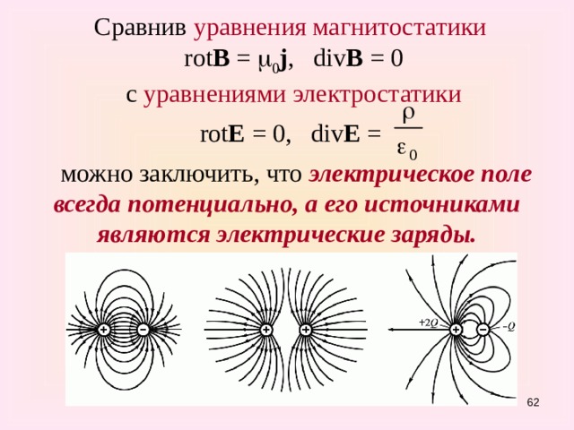 Сравнив уравнения магнитостатики  rot В =  0 j , div В = 0 с уравнениями электростатики rot Е = 0, div Е =  можно заключить, что электрическое поле всегда потенциально, а его источниками являются электрические заряды. 55 