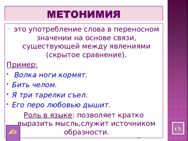 это употребление слова в переносном значении на основе связи, существующей между явлениями (скрытое сравнение). Пример:  Волка ноги кормят. Бить челом. Я три тарелки съел. Его перо любовью дышит. Роль в языке : позволяет кратко выразить мысль,служит источником образности.    10 