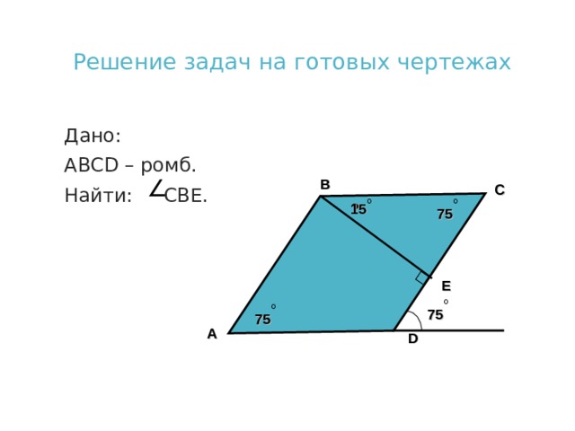   Решение задач на готовых чертежах Дано: АВС D – ромб. Найти: СВЕ. B C 15 ? 75 Е 75 75 A D 