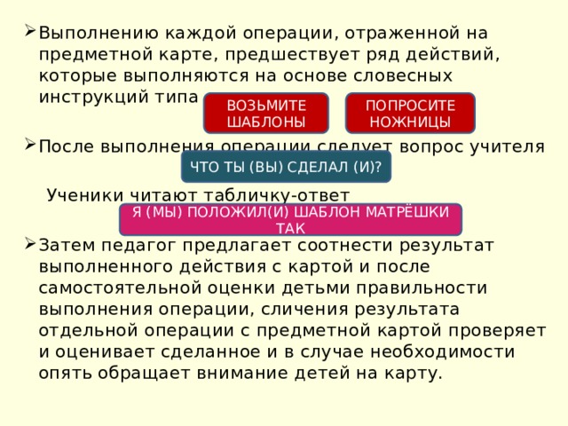 Выполнению каждой операции, отраженной на предметной карте, предшествует ряд действий, которые выполняются на основе словесных инструкций типа После выполнения операции следует вопрос учителя  Ученики читают табличку-ответ Затем педагог предлагает соотнести результат выполненного действия с картой и после самостоятельной оценки детьми правильности выполнения операции, сличения результата отдельной операции с предметной картой проверяет и оценивает сделанное и в случае необходимости опять обращает внимание детей на карту. ВОЗЬМИТЕ ШАБЛОНЫ ПОПРОСИТЕ НОЖНИЦЫ ЧТО ТЫ (ВЫ) СДЕЛАЛ (И)? Я (МЫ) ПОЛОЖИЛ(И) ШАБЛОН МАТРЁШКИ ТАК 