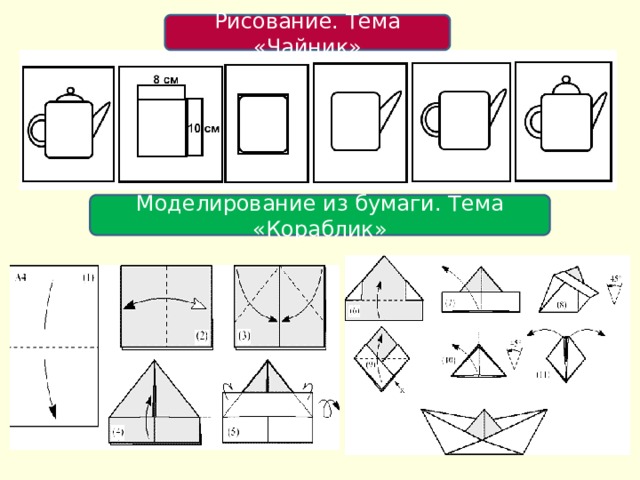 Рисование. Тема «Чайник» Моделирование из бумаги. Тема «Кораблик» 