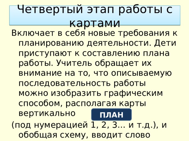 Четвертый этап работы с картами Включает в себя новые требования к планированию деятельности. Дети приступают к составлению плана работы. Учитель обращает их внимание на то, что описываемую последовательность работы можно изобразить графическим способом, располагая карты вертикально (под нумерацией 1, 2, 3… и т.д.), и обобщая схему, вводит слово ПЛАН 