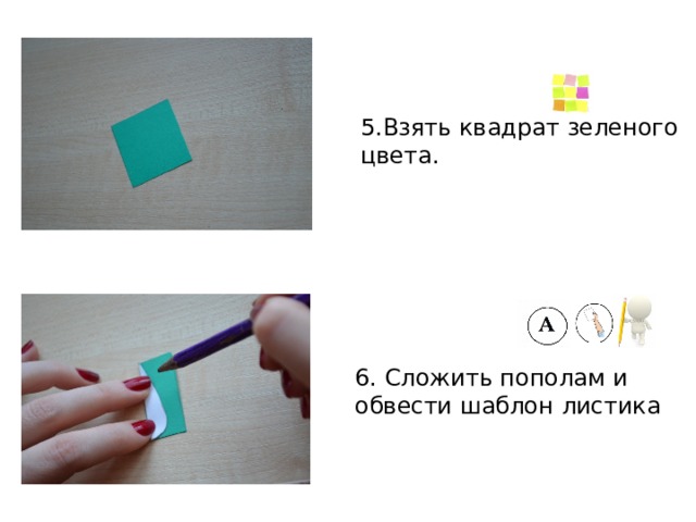 5.Взять квадрат зеленого цвета. 6. Сложить пополам и обвести шаблон листика 