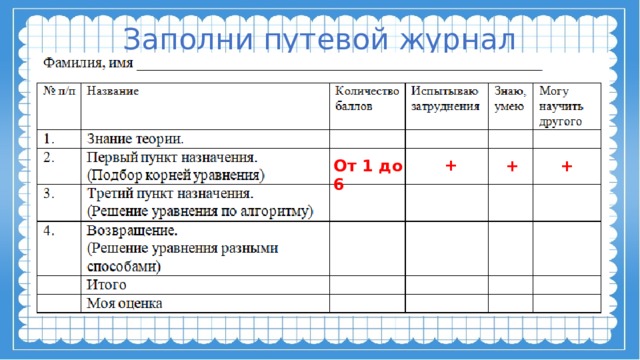 Заполни путевой журнал + От 1 до 6 + + 
