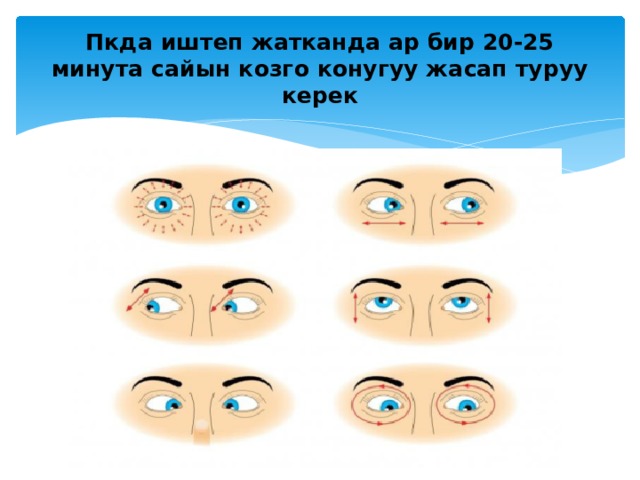 Пкда иштеп жатканда ар бир 20-25 минута сайын козго конугуу жасап туруу керек 