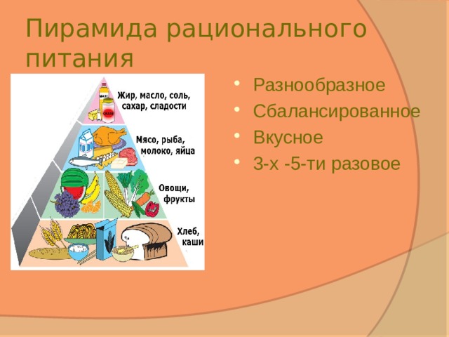 Пирамида рационального питания Разнообразное Сбалансированное Вкусное 3-х -5-ти разовое 