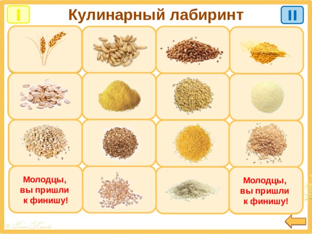 Кулинарный лабиринт I II 1. «Геркулес» получают из проса  4. Из пшеницы получают перловку 6. Из пшеницы получают манку 1. Продел получают из пшеницы Нет Нет Да Да Да Нет Нет Да 3. Полбу получают из овса 2. Из проса получают пшено 2. Из гречихи получают ядрицу 3. Пшено получают из пшеницы Да Нет Да Нет Да Нет Да Нет 4. Из гречихи получают продел 5. Манку получают из овса 7. Из овса получают толокно 6. Из овса получают «Геркулес» Это моя работа!  Л.Г.В. Да Нет Нет Да Нет Да Да Нет 8. Из пшеницы получают полбу Молодцы, вы пришли к финишу! 5. Дранец получают из ячменя 8. Ячневую крупу получают из ячменя Молодцы, вы пришли к финишу! 7. Перловку получают из ячменя Да Нет Нет Нет Да Да Нет Да  