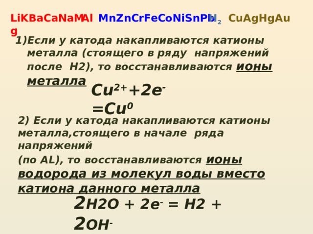 MnZnCrFeCoNiSnPb LiKBaCaNaMg H 2 CuAgHgAu Al Если у катода накапливаются катионы металла (стоящего в ряду напряжений после H2), то восстанавливаются ионы металла Cu 2+ +2e - =Cu 0 2) Если у катода накапливаются катионы металла,стоящего в начале ряда напряжений (по AL), то восстанавливаются ионы водорода из молекул воды вместо катиона данного металла  2 H2O + 2e - = H2 + 2 OH - 