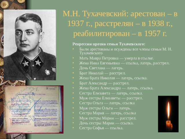 М.Н. Тухачевский: арестован – в 1937 г., расстрелян – в 1938 г., реабилитирован – в 1957 г. Репрессии против семьи Тухачевского: