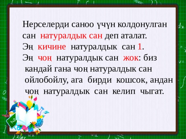 Нерселерди саноо үчүн колдонулган сан натуралдык сан деп аталат. Эң кичине натуралдык сан 1 . Эң чоң натуралдык сан жок : биз  кандай гана чоң натуралдык сан  ойлобойлу, ага бирди кошсок, андан  чоң натуралдык сан келип чыгат. 