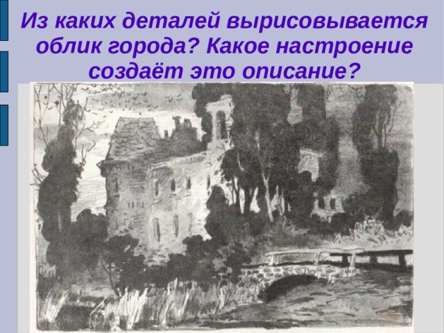 Из каких деталей вырисовывается облик города? Какое настроение создаёт это описание? 