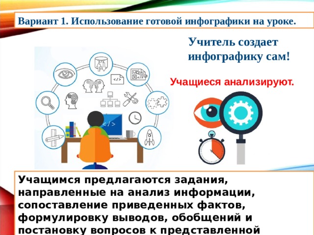 Вариант 1. Использование готовой инфографики на уроке. Учитель создает инфографику сам! Учащиеся анализируют. Учащимся предлагаются задания, направленные на анализ информации, сопоставление приведенных фактов, формулировку выводов, обобщений и постановку вопросов к представленной информации. 