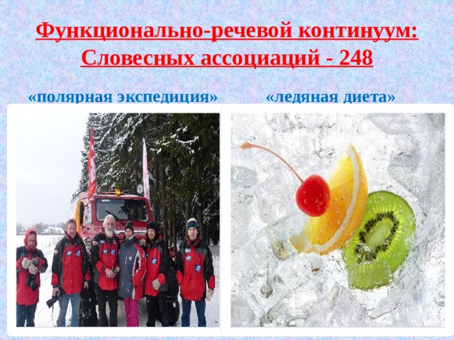 Функционально-речевой континуум:  Словесных ассоциаций - 248 «полярная экспедиция» «ледяная диета» 