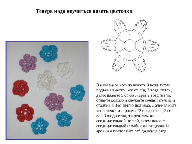 Теперь надо научиться вязать цветочки В начальное кольцо вяжите 3 возд. петли подъема вместо 1-го ст. с/н, 2 возд. петли, далее вяжите 5 ст с/н, через 2 возд петли, стяните кольцо и сделайте соединительный столбик в 3-ю петлю подъема. Далее вяжите лепесточки из арочек: *3 возд.петли, 2 ст с/н, 3 возд петли, закрепляем их соединительной петлей, затем вяжите соединительный столбик из следующей арочки и повторяйте от* до конца ряда. 