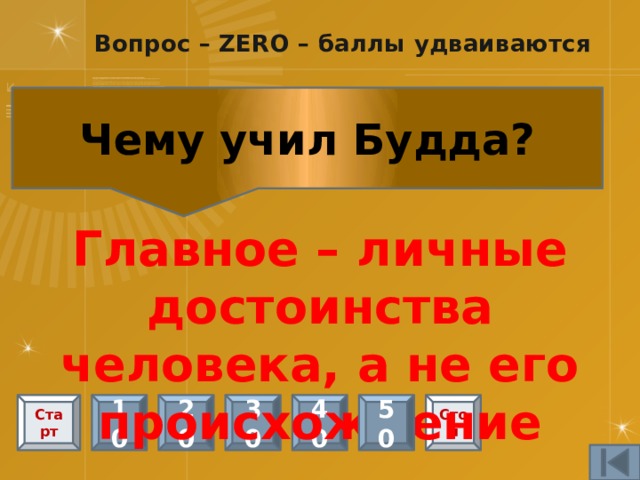 Вопросы – Блиц – 30 баллов Сколько каст в индийском обществе 4 Бог, создавший касты Брахма Высшая каста Брахманы (жрецы) Старт Стоп Стоп Стоп 