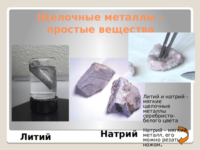 Щелочные металлы – простые вещества Литий и натрий - мягкие щелочные металлы серебристо-белого цвета Натрий – мягкий металл, его можно резать ножом . Натрий Литий 