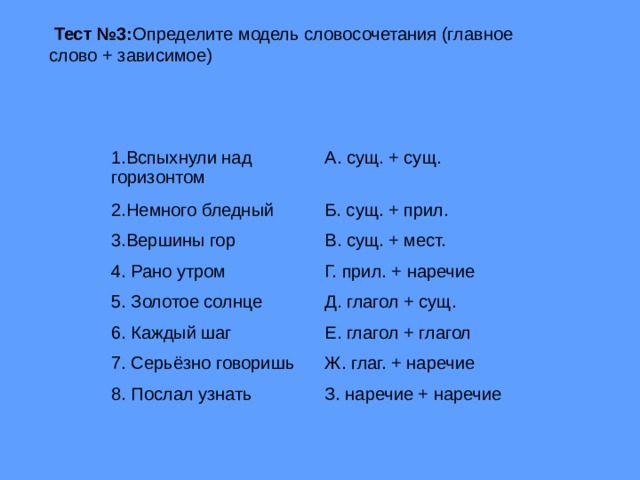 Модель словосочетания. Рано утром словосочетание главное слово. Рано утром главное и Зависимое слово. Мест+сущ словосочетание главное мест. Тест no3.