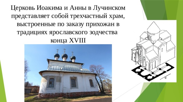 Церковь Иоакима и Анны в Лучинском представляет собой трехчастный храм, выстроенные по заказу прихожан в традициях ярославского зодчества  конца XVIII 