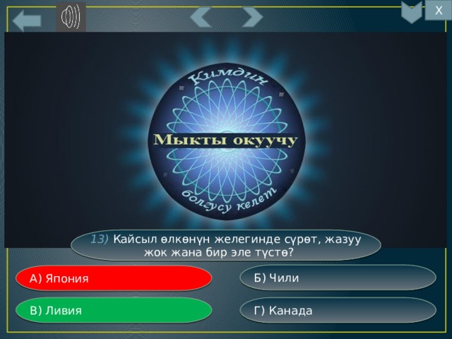 Х 13) Кайсыл өлкөнүн желегинде сүрөт, жазуу жок жана бир эле түстө? Б) Чили А) Япония Г) Канада В) Ливия 