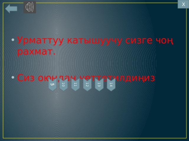 Х 5 10 11 12 13 14 Урматтуу катышуучу сизге чоң рахмат. Сиз оюндан четтетилдиңиз 