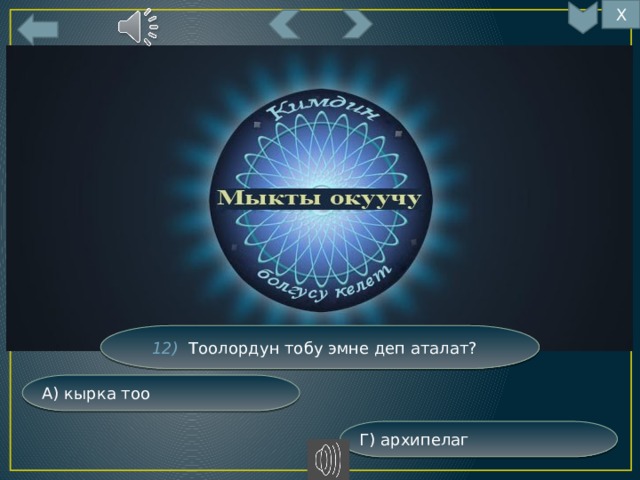 Х 12) Тоолордун тобу эмне деп аталат? А) кырка тоо Г) архипелаг 