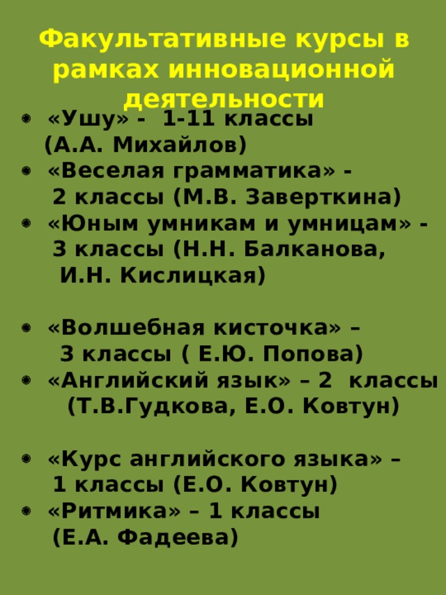       «Ушу» - 1-11 классы  (А.А. Михайлов)    «Веселая грамматика» -  2 классы (М.В. Заверткина)    «Юным умникам и умницам» -  3 классы (Н.Н. Балканова,  И.Н. Кислицкая)    «Волшебная кисточка» –  3 классы ( Е.Ю. Попова)    «Английский язык» – 2 классы  (Т.В.Гудкова, Е.О. Ковтун)    «Курс английского языка» –  1 классы (Е.О. Ковтун)    «Ритмика» – 1 классы  (Е.А. Фадеева)    Факультативные курсы в рамках инновационной деятельности  