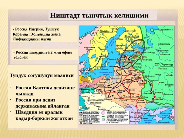 Ништадт тынчтык келишими - Россия Ингрия, Туштук Корелия, Эстландия жана Лифляндияны алган - Россия шведцияга 2 млн ефим тологон  Тундук согушунун мааниси  Россия Балтика денизине чыккан Россия ири дениз державасына айланган Шведция эл аралык кадыр-баркын жоготкон  