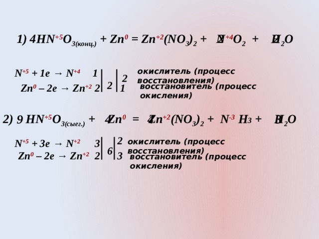 1) HN +5 O 3(конц.) + Zn 0 = Zn +2 (NO 3 ) 2 + N +4 O 2 + H 2 O 2 4 2   2 1 окислитель (процесс восстановления) N +5  + 1e → N +4  2  Zn 0 – 2e → Zn +2  1 2 восстановитель (процесс окисления)  2) HN +5 O 3(сыег.) + Zn 0 = Zn +2 (NO 3 ) 2 + N -3 H 3 + H 2 O 9 3 4 4 2 окислитель (процесс восстановления) N +5  + 3e → N +2 3  6 Zn 0 – 2e → Zn +2  2 3 восстановитель (процесс окисления) 