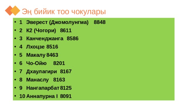 Эң бийик тоо чокулары 1  Эверест (Джомолунгма)  8848 2  К2 (Чогори)  8611 3  Канченджанга  8586 4  Лхоцзе  8516 5  Макалу  8463 6  Чо-Ойю  8201 7  Дхаулагири  8167 8  Манаслу  8163 9  Нангапарбат  8125 10  Аннапурна I  8091 