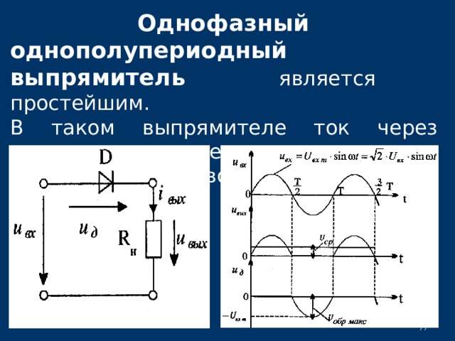 Принцип действия однополупериодной схемы выпрямления