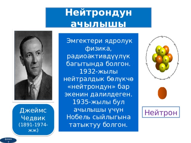 Нейтрондун ачылышы  Эмгектери ядролук физика, радиоактивдүүлүк багытында болгон. 1932-жылы нейтралдык бөлүкчө «нейтрондун» бар экенин далилдеген. 1935-жылы бул ачылышы үчүн Нобель сыйлыгына татыктуу болгон. Джеймс Чедвик (1891-1974-жж) Нейтрон физика  