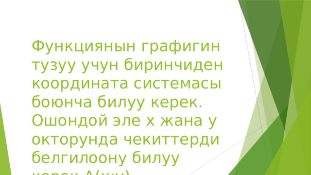 Функциянын графигин тузуу учун биринчиден координата системасы боюнча билуу керек. Ошондой эле х жана у окторунда чекиттерди белгилоону билуу керек.А(х;у)  Мисалы: А(2;4)   