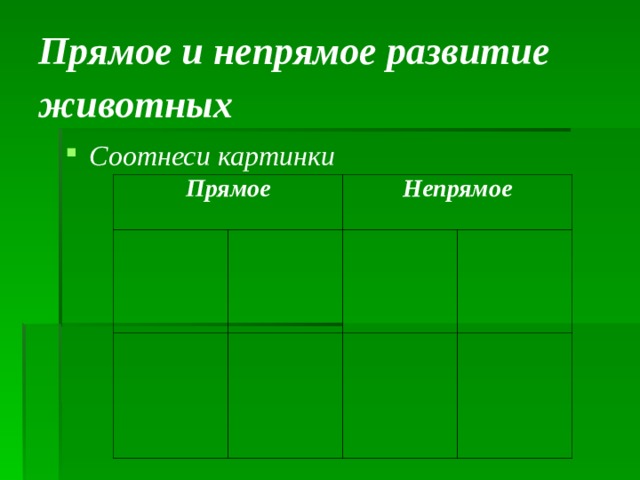  Прямое и непрямое развитие животных   Соотнеси картинки Прямое Непрямое 