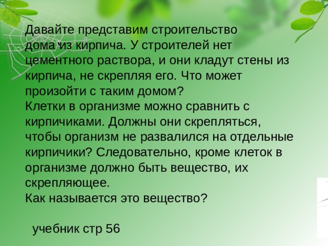 Давайте представим строительство  дома из кирпича. У строителей нет цементного раствора, и они кладут стены из кирпича, не скрепляя его. Что может произойти с таким домом?  Клетки в организме можно сравнить с кирпичиками. Должны они скрепляться, чтобы организм не развалился на отдельные кирпичики? Следовательно, кроме клеток в организме должно быть вещество, их скрепляющее.  Как называется это вещество?   учебник стр 56 