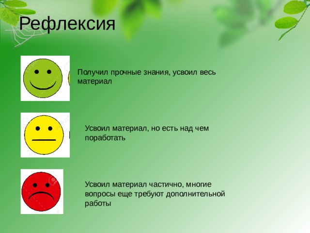 Рефлексия Получил прочные знания, усвоил весь материал Усвоил материал, но есть над чем поработать Усвоил материал частично, многие вопросы еще требуют дополнительной работы 
