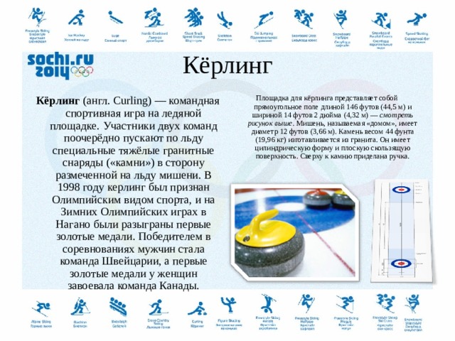   Кёрлинг   Кёрлинг  (англ. Curling) — командная спортивная игра на ледяной площадке. Участники двух команд поочерёдно пускают по льду специальные тяжёлые гранитные снаряды («камни») в сторону размеченной на льду мишени. В 1998 году керлинг был признан Олимпийским видом спорта, и на Зимних Олимпийских играх в Нагано были разыграны первые золотые медали. Победителем в соревнованиях мужчин стала команда Швейцарии, а первые золотые медали у женщин завоевала команда Канады. Площадка для кёрлинга представляет собой прямоугольное поле длиной 146 футов (44,5 м) и шириной 14 футов 2 дюйма (4,32 м) —  смотреть рисунок выше . Мишень, называемая «домом», имеет диаметр 12 футов (3,66 м). Камень весом 44 фунта (19,96 кг) изготавливается из гранита. Он имеет цилиндрическую форму и плоскую скользящую поверхность. Сверху к камню приделана ручка.  