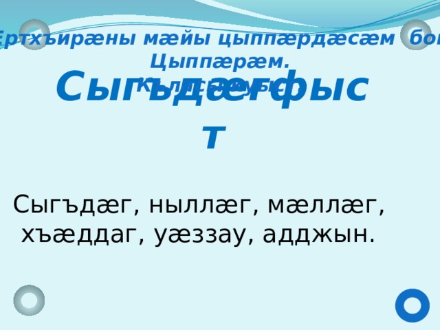 Æртхъирæны мæйы цыппæрдæсæм бон. Цыппæрæм. Къласы куыст. Сыгъдæгфыст   Сыгъдæг, ныллæг, мæллæг,  хъæддаг, уæззау, адджын.  