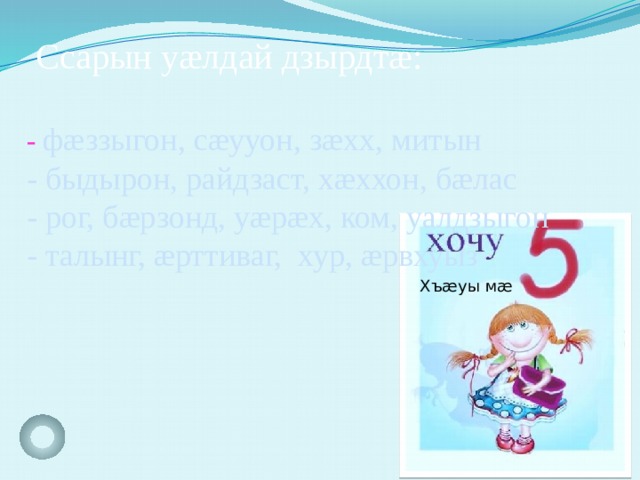  Ссарын уæлдай дзырдтæ: - фæззыгон, сæууон, зæхх, митын - быдырон, райдзаст, хæххон, бæлас - рог, бæрзонд, уæрæх, ком, уалдзыгон - талынг, æрттиваг, хур, æрвхуыз Хъæуы мæ  