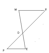 На рисунке отрезки ме и рк точкой d делятся пополам докажите что kmd равен ped