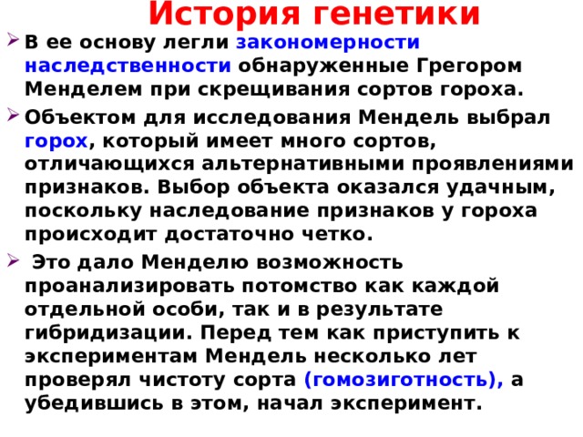 История генетики   В ее основу легли закономерности наследственности обнаруженные Грегором Менделем при скрещивания сортов гороха. Объектом для исследования Мендель выбрал горох , который имеет много сортов, отличающихся альтернативными проявлениями признаков. Выбор объекта оказался удачным, поскольку наследование признаков у гороха происходит достаточно четко.  Это дало Менделю возможность проанализировать потомство как каждой отдельной особи, так и в результате гибридизации. Перед тем как приступить к экспериментам Мендель несколько лет проверял чистоту сорта (гомозиготность), а убедившись в этом, начал эксперимент. 