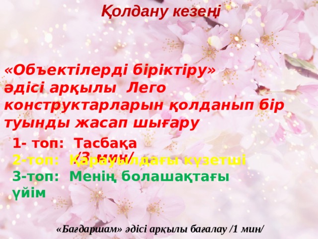 Қолдану кезеңі «Объектілерді біріктіру» әдісі арқылы Лего конструктарларын қолданып бір туынды жасап шығару  /3 мин/ 1- топ: Тасбақа 2-топ: Қарауылдағы күзетші 3-топ: Менің болашақтағы үйім «Бағдаршам» әдісі арқылы бағалау /1 мин/ 