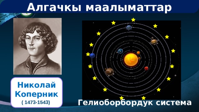 Алгачкы маалыматтар Николай Коперник ( 1473-1543)  Гелиоборбордук система 