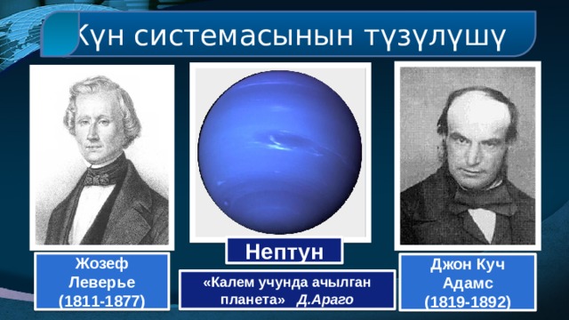 Күн системасынын түзүлүшү Нептун Жозеф Леверье (1811-1877) Джон Куч Адамс (1819-1892) «Калем учунда ачылган планета» Д.Араго 