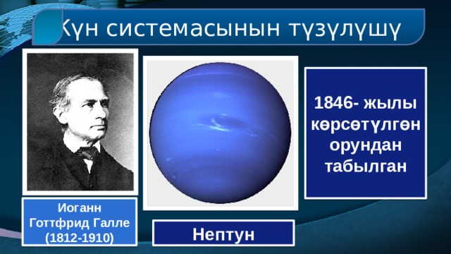 Күн системасынын түзүлүшү 1846- жылы көрсөтүлгөн орундан табылган Иоганн Готтфрид Галле (1812-1910) Нептун 