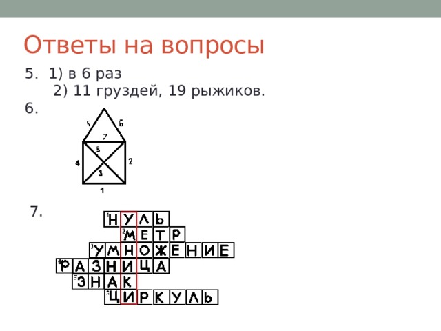 Ответы на вопросы  5. 1) в 6 раз  2) 11 груздей, 19 рыжиков.  6.  7. 