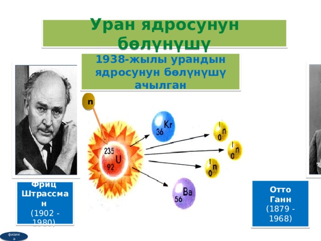 Уран ядросунун бөлүнүшү 1938-жылы урандын ядросунун бөлүнүшү ачылган n Отто   Ганн   (1879 -1968) Фриц  Штрассман   (1902 - 1980)  физика  
