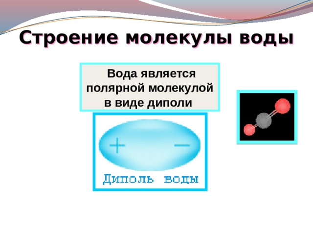 Строение молекулы воды  Вода является полярной молекулой в виде диполи 