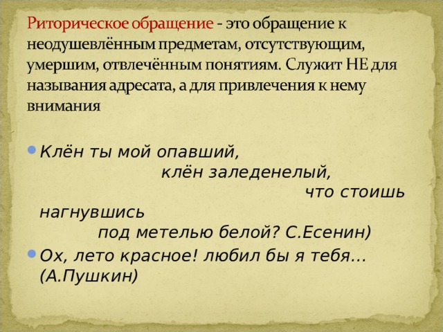 Клён ты мой опавший, клён заледенелый, что стоишь нагнувшись под метелью белой? С.Есенин) Ох, лето красное! любил бы я тебя… (А.Пушкин) 