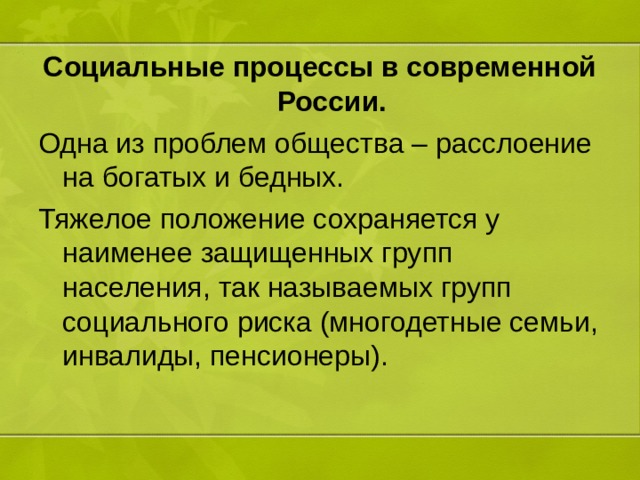 Социальные процессы в современной России. Одна из проблем общества – расслоение на богатых и бедных. Тяжелое положение сохраняется у наименее защищенных групп населения, так называемых групп социального риска (многодетные семьи, инвалиды, пенсионеры). 