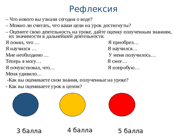 Рефлексия – Что нового вы узнали сегодня о воде? – Можно ли считать, что ваши цели на урок достигнуты? – Оцените свою деятельность на уроке, дайте оценку полученным знаниям, их значимости в дальнейшей деятельности. Я понял, что … Я приобрел… Я научился … Я научился… Мне необходимо … У меня получилось… Теперь я могу… Я смог… Я почувствовал, что… Я попробую… Меня удивило…  -Как вы оцениваете свои знания, полученные на уроке? - Как вы оцениваете урок в целом?  4 балла  3 балла  5 балла 